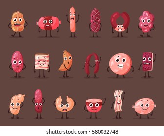 Meat cartoon characters. Food or gourmet logo made of frankfurter sausage or weenie, fat or lard, tallow or grease, sludge and kielbasa, wurst and beef, salami. Shop and steakhouse banner