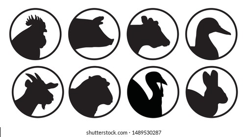 Meat category icons for food packaging & Restaurant menus. Farm animals silhouette Label collection for butcher shop. 