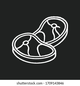 Meat chalk white icon on black background. Raw steak. Uncooked pork. Fresh ingredient for cooking. Chicken fillet. Animal food. Butchery, groceries. Isolated vector chalkboard illustration