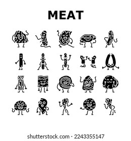 meat character beef food funny icons set vector. steak face, happy, cute design, sausage restaurant, slice smile, pork grill, mascot meat character beef food funny glyph pictogram Illustrations