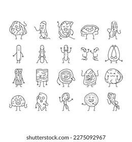 meat character beef food funny icons set vector. steak face, happy, cute design, sausage restaurant, slice smile, pork grill, mascot meat character beef food funny black contour illustrations