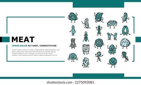 meat character beef food funny landing web page vector. steak face, happy, cute design, sausage restaurant, slice smile, pork grill, mascot meat character beef food funny Illustration