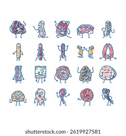 meat character beef food funny doodle icons set vector. steak face, happy, cute design, sausage restaurant, slice smile, pork grill, mascot meat character beef food funny sketch hand drawn