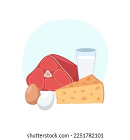 Meat, cheese and milk as source of fiber, carbs, proteins, fats. Meat, cheese, eggs, milk with vitamins or micronutrients on white background. Food, nutrition, diet concept