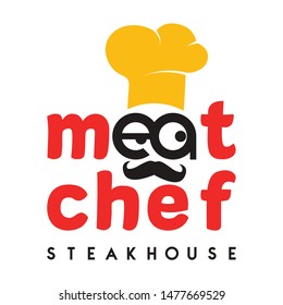  Logotipo del steakhouse del chef de carne (Listo para usar). Las letras EA con bigote y gorra simbolizan al chef.