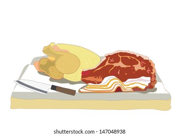 Meat, chicken and bacon with a knife on a wooden table. 