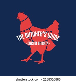 Meat and Chicken cuts. Diagrams for butcher shop. Scheme of Chicken. Vector illustration. Chicken butcher's guide. Used for cooking steak and roast - chicken neck, tenderloin, wing, drumstick, etc.