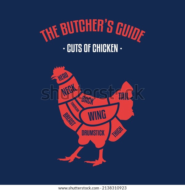 Meat and Chicken cuts. Diagrams for butcher shop.
Scheme of Chicken. Vector illustration. Chicken butcher's guide.
Used for cooking steak and roast - chicken neck, tenderloin, wing,
drumstick, etc.