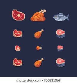 meat, chicken and fish pixel art icons set, vector illustration.