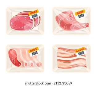 Meat chicken pork slice packing in plastic trays isolated set. Vector flat graphic design cartoon illustration