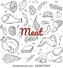 Meat Chicken Sausage Hand Drawn Doodles Vector Bundle Collection Set