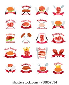 Meat, chicken, sausage labels pack - logo for market, shop, farm. Made in cartoon flat style. Vector illustration