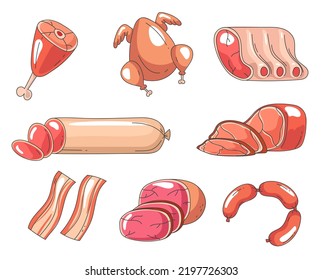Meat chicken sausage pork beef ham line art abstract isolated set collection. Vector graphic design element illustration