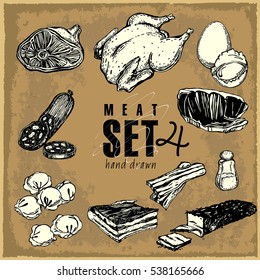 meat chiken beef sausage egg bacon hand drawn design sketch elements set Vector illustration stock vector