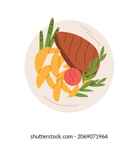 Meat and chips dish served on plate. Dinner meal with beef steak, potato wedges and asparagus. Top view of tasty food with vegetables and greens. Flat vector illustration isolated on white background