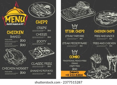 Meat and chips restaurant menu template classic dark flat handdrawn