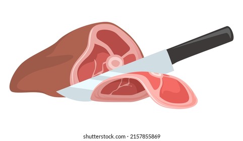 Meat chopping with butcher knife vector isolated on white background. Cutting pork, lamb or beef bacon steak for dinner lunch cooking. Bbq food concept