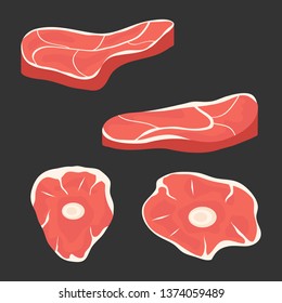 Meat, chunks of fresh meat isolated on black background. Steak, meat with blood. Vector illustration, vector.