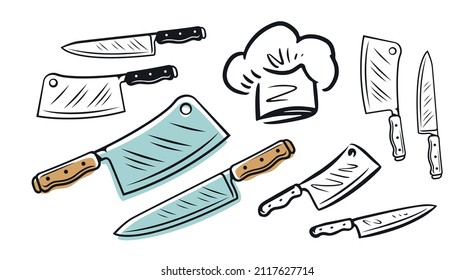 Meat cleaver and chef knife isolated on white background. Set of butcher shop concept vector illustration