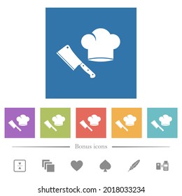 Meat cleaver knife and chef hat flat white icons in square backgrounds. 6 bonus icons included.