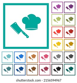 Meat cleaver knife and chef hat flat color icons with quadrant frames on white background