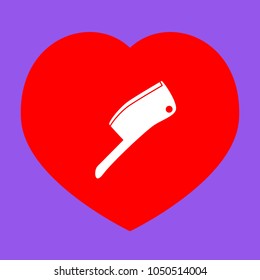 Meat cleaver knife icon. Vector. White icon in red heart at lavender background.