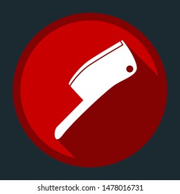 Meat cleaver knife icon. White icon with shadow on round red button at dark cyan background. Illustration.
