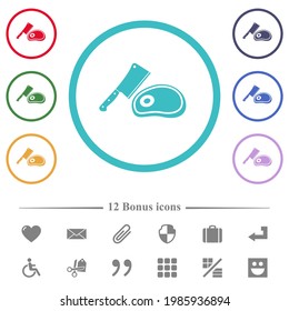 Meat cleaver knife and steak flat color icons in circle shape outlines. 12 bonus icons included.