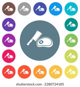 Meat cleaver knife and steak flat white icons on round color backgrounds. 17 background color variations are included.