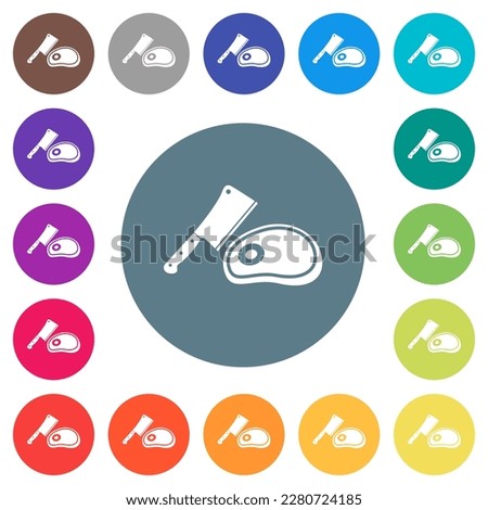 Meat cleaver knife and steak flat white icons on round color backgrounds. 17 background color variations are included.