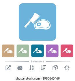 Meat cleaver knife and steak white flat icons on color rounded square backgrounds. 6 bonus icons included