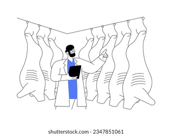 Ilustración vectorial de concepto abstracto de almacenamiento en frío de carne. Trabajador en el control uniforme de la carne en el lugar de almacenamiento, industria de procesamiento de alimentos, proceso de refrigeración, metáfora abstracta del sector carnicero.