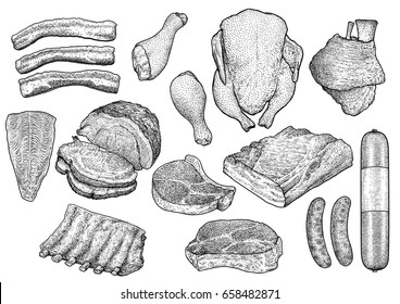 Meat collection illustration, drawing, engraving, ink, line art, vector
