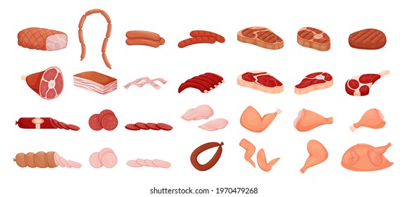 Meat collection. Sausages, raw chicken, raw and grilled meat, sausage slices, knuckle, bacon, ribs, chicken breast, shish kebab, lard, herbs, sauces. Set in a flat cartoon style. Isolated on white.