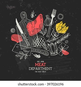 Meat Composition. Meat Restaurant Design Chalkboard Template. Vector Illustration