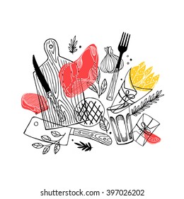 Meat composition. Meat restaurant. Vector illustration