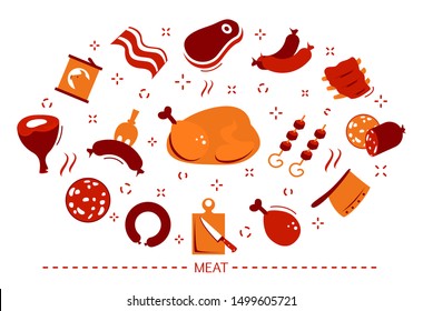 Meat concept. Bacon slice, beef and pork steak. Tasty sausage and ham, delicious turkey. Set of colorful icons. Isolated flat illustration