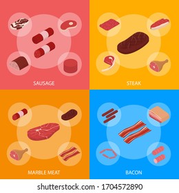 Meat Concept Banner Set 3d Isometric View Include of Beef, Pork, Ham, Steak and Sausage. Vector illustration of Icons