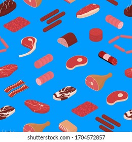 Meat Concept Seamless Pattern Background 3d Isometric View Include of Beef, Pork, Ham, Steak and Sausage. Vector illustration of Icons