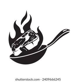 meat cooking process on pan with fire isolated on white background