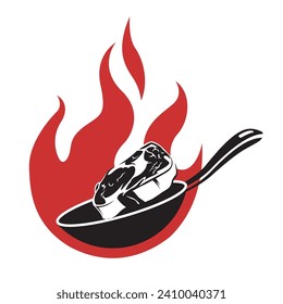 meat cooking process on pan with fire isolated on white background