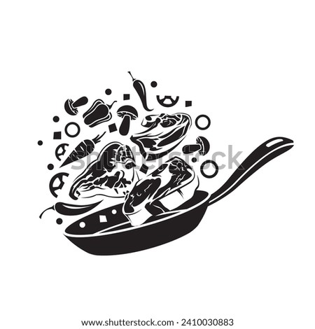 meat cooking process on pan isolated on white background