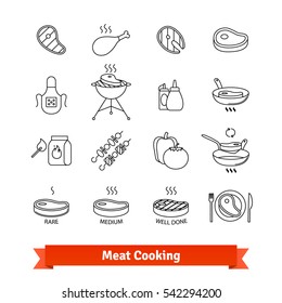 Meat cooking thin line art icons set. Steak house & Barbecue restaurant. Linear style symbols isolated on white.