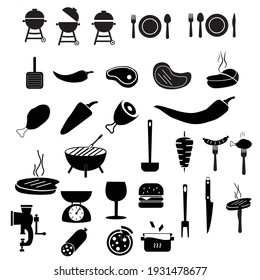 Meat and cooking tools flat vector icons set