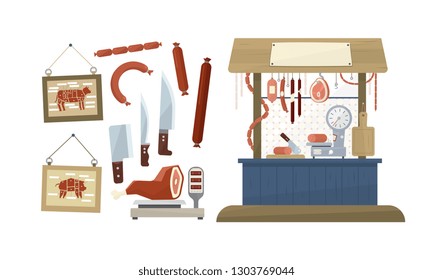 Meat counter display refrigerator showcase, butcher shop gastronomy products vector Illustration