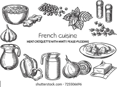 Meat Croquette With Minty Pease-Pudding. Creative conceptual vector. Sketch hand drawn french food recipe illustration, engraving, ink, line art, vector.