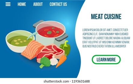 Meat cuisine concept banner. Isometric banner of meat cuisine vector concept for web, giftcard and postcard