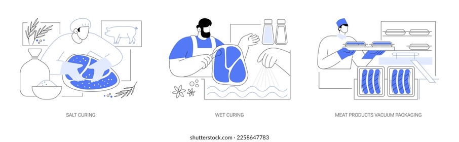 Meat curing abstract concept vector illustration set. Salt and wet curing in brine, meat products vacuum packaging, sodium nitrite for products preservation, food processing abstract metaphor.