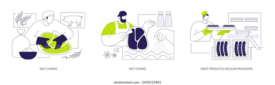 Meat curing abstract concept vector illustration set. Salt and wet curing in brine, meat products vacuum packaging, sodium nitrite for products preservation, food processing abstract metaphor.