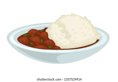 Meat and curry rice with gravy stewed beef pork or chicken pieces and sauce vector isolated dish in bowl cereal garnish lunch meal nutrition dressing cooking and culinary recipe cuisine healthy food